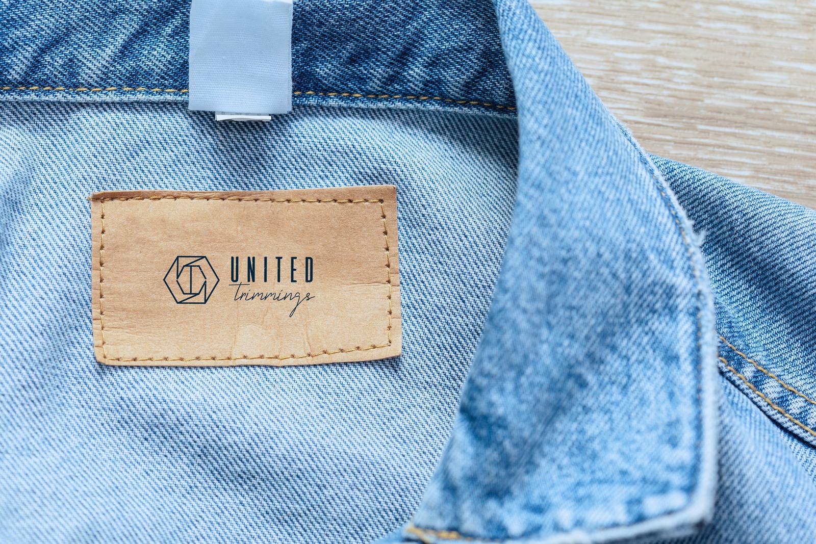 United Trimmings leather label on a denim jacket collar