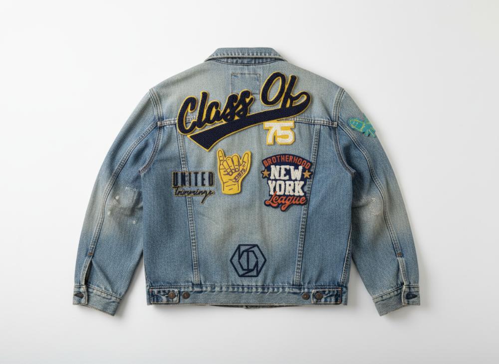 Embroidered patches on a denim jacket